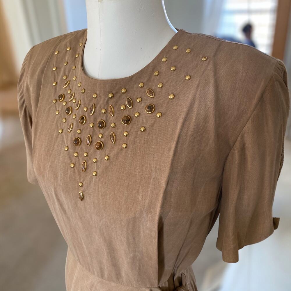 Vintage 80's Dress Metal Beaded Studded Wrap Skirt Tulip Hem Tan NWT size 11/12 - Picture 5 of 11